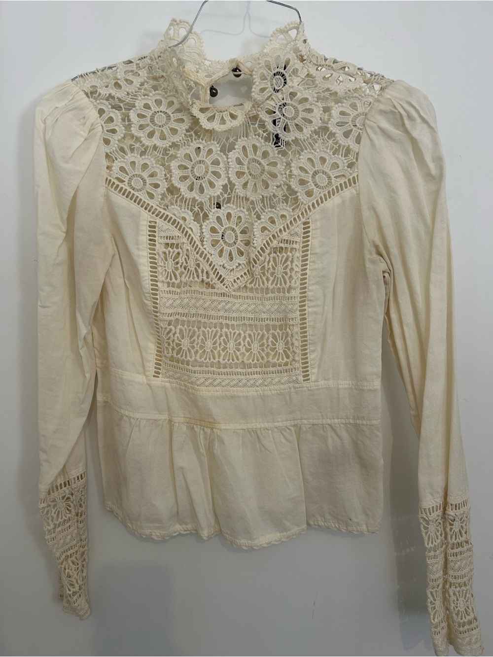 Anthropologie Cream Lace Yoke Peplum Top